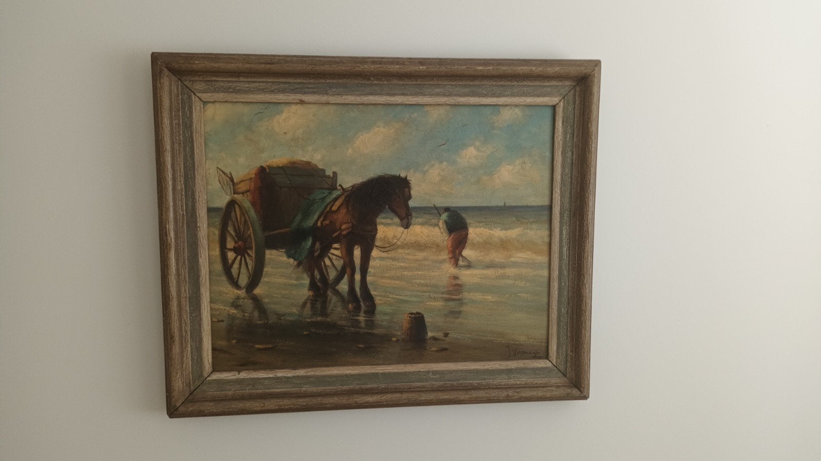 Olieverfschilderij Visserskar op strand, Antiek en Kunst, Kunst | Schilderijen | Klassiek, Ophalen, Maritiem / water, Doek, Realistisch
