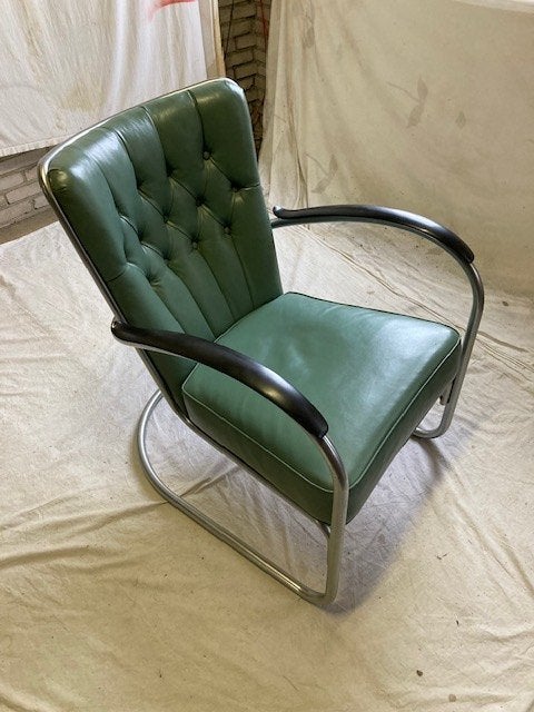 Vintage Jaren '50 Gispen 412 GE Mat Chroom Fauteuil Groen, Ophalen, Vintage Design Klassieker, Minder dan 75 cm, Gispen Culemborg