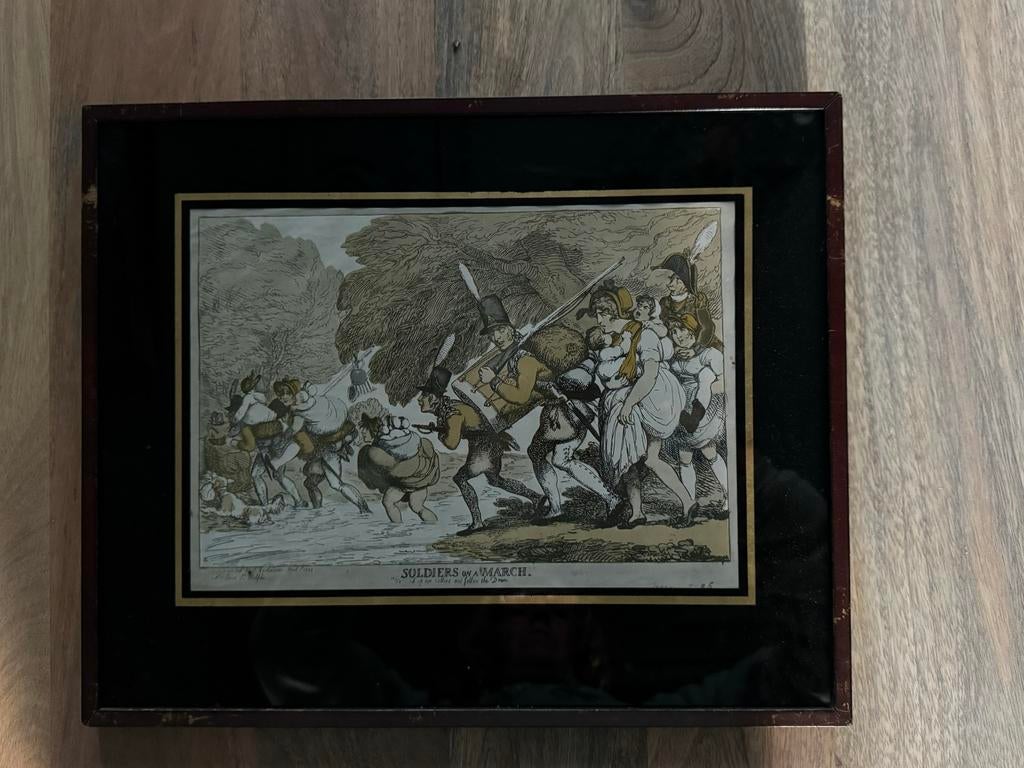 Engelse gekleurde gravure: Soldaten op Mars, Handgekleurd, Dagelijks leven, 1800 - 1899, Ophalen of Verzenden