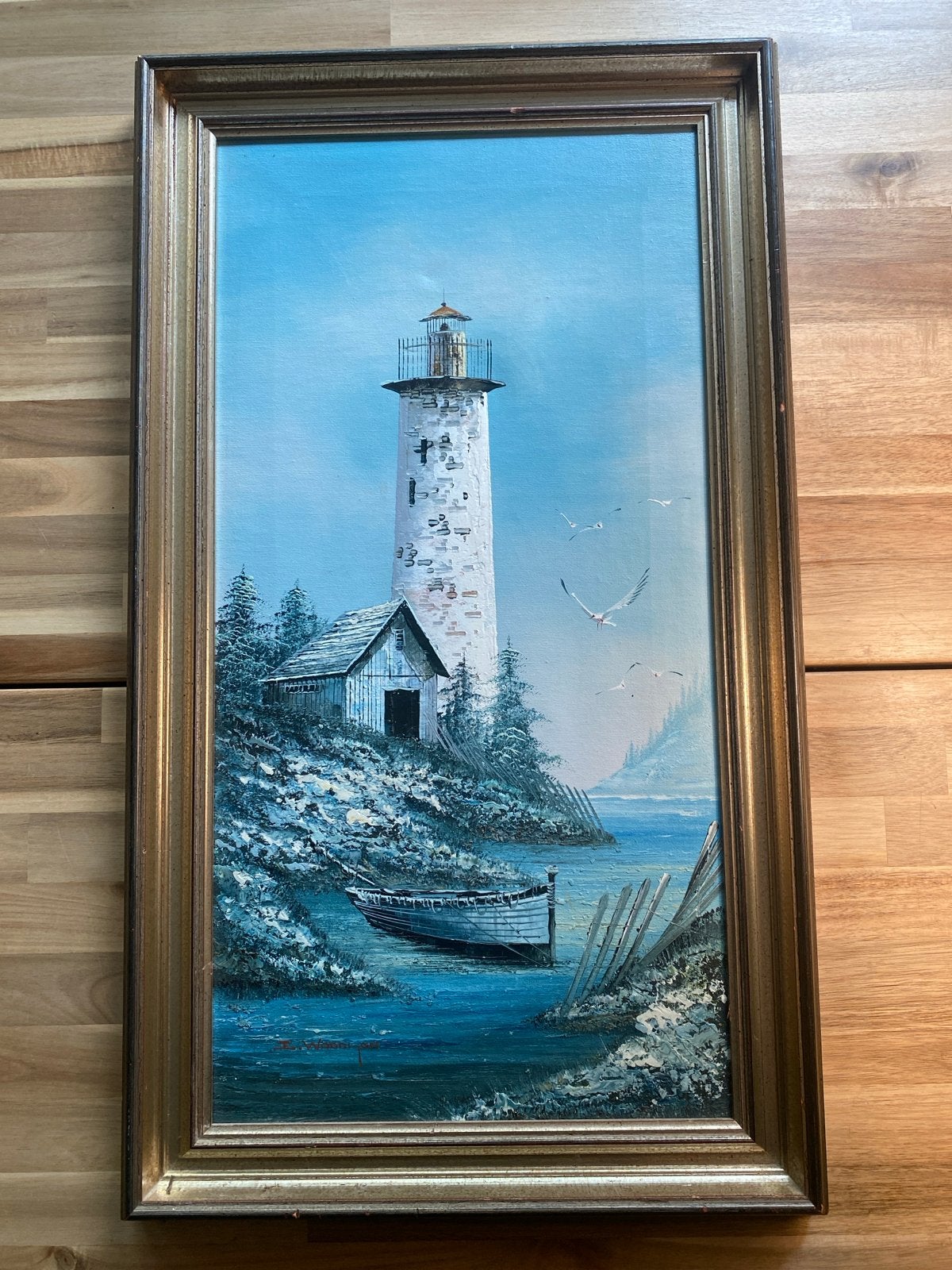 Schilderij vuurtoren aan zee, gesigneerd Everett Woodson, Maritiem / water, Doek, Ophalen of Verzenden, Gesigneerd