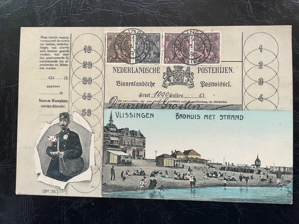 telegramkaart / postbode van Vlissingen ; Badhuis met Strand, Verzamelen, Verzenden, 1920 tot 1940, Zeeland