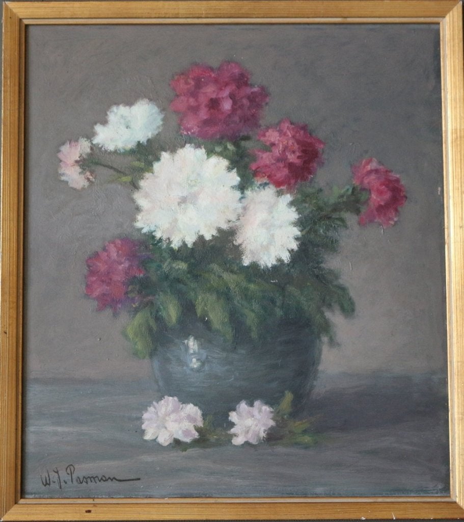 W.J. Pasman, bloemstilleven, olieverf op board., Bloemen, Verzenden, Overige ondergronden, Olieverf