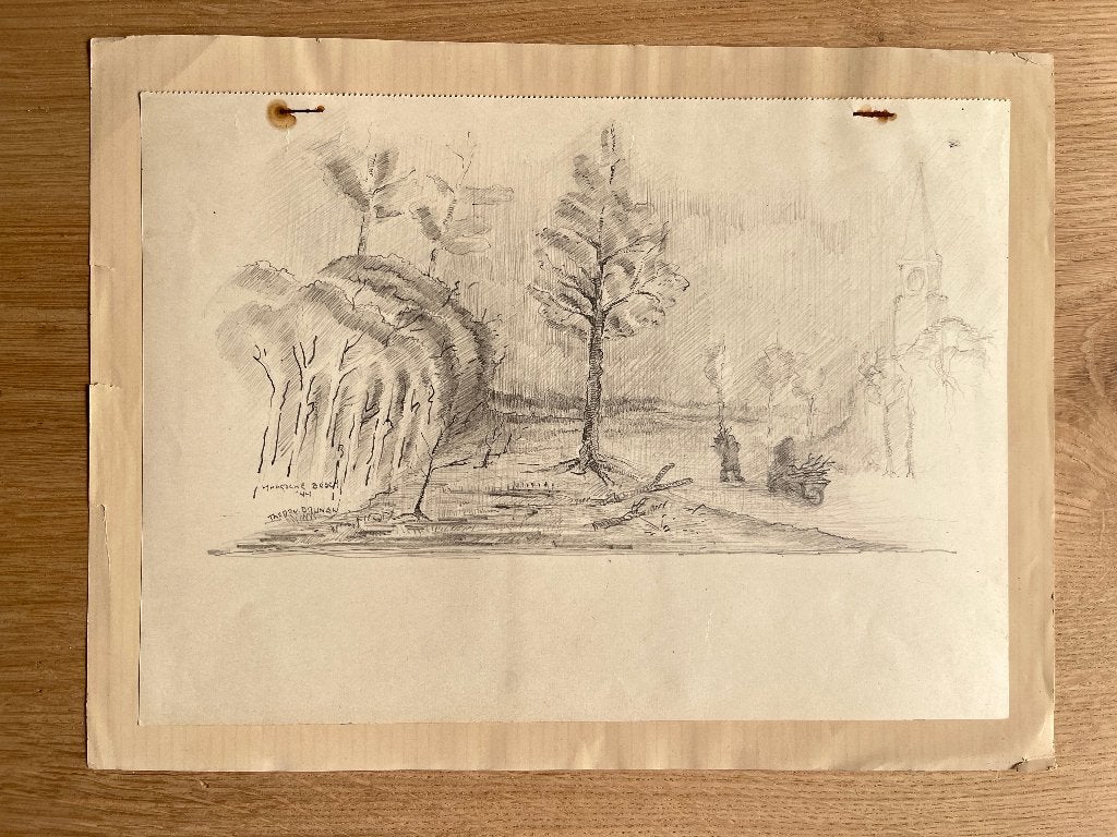 Potloodtekening 'Haagsche Bos 1944' door Van Drunen, Ophalen of Verzenden, Tekening, Potloodtekening, Origineel