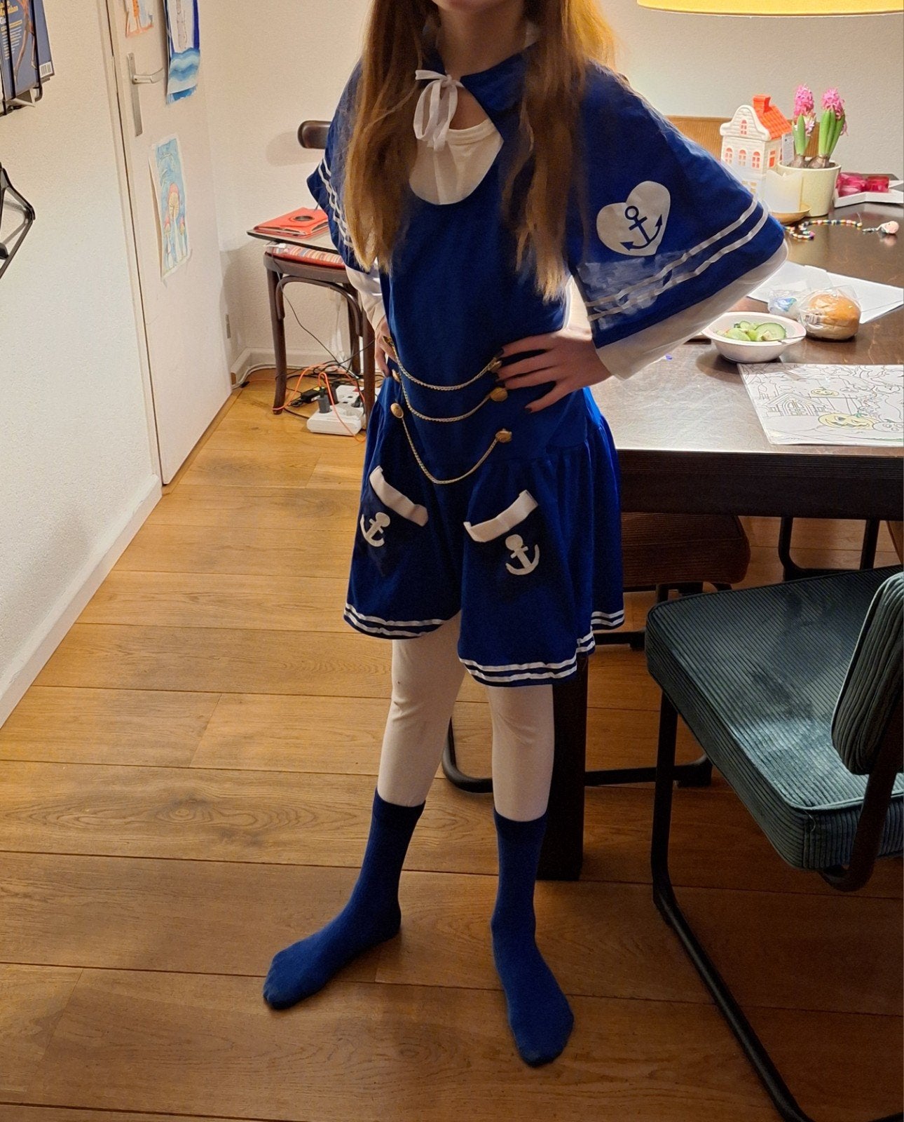 Carnavalskleding meisjesmatrozenpakje:jurk+cape maat 152-158, Ophalen of Verzenden, Zo goed als nieuw, 158 t/m 164, Meisje