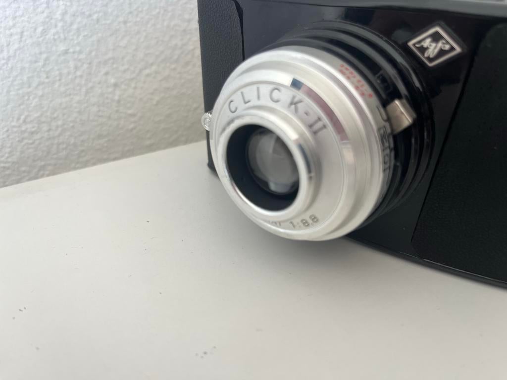 Oud Agfa Click-II ACHROMAT 1:8,8 fototoestel met leren hoes, Ophalen of Verzenden, Gebruikt, Compact, Overige Merken
