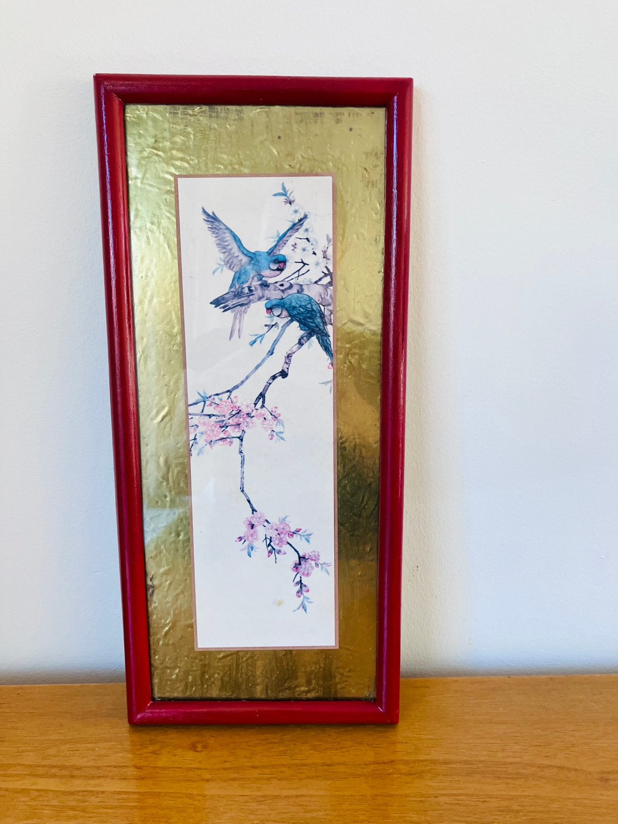 Vintage Chinees zijdeschilderij in rode lijst, China, Ophalen of Verzenden, Schilderij, 34 cm