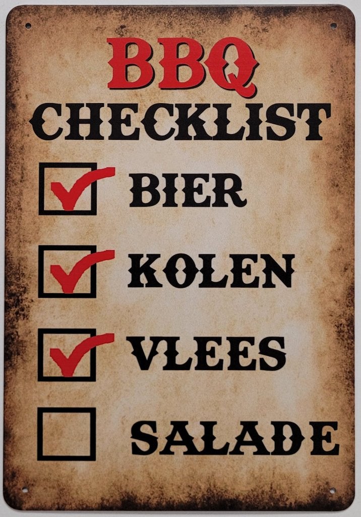 BBQ Checklist bier kolen vlees reclamebord van metaal deco, Info@deconoord.nl, Deco Noord, Nieuw, Ophalen of Verzenden