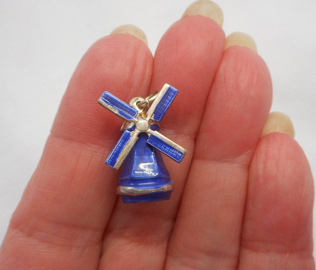 Zilveren vintage bedel molen met blauw nr.1124, Overige merken, Verzenden, Zo goed als nieuw, 1 bedel