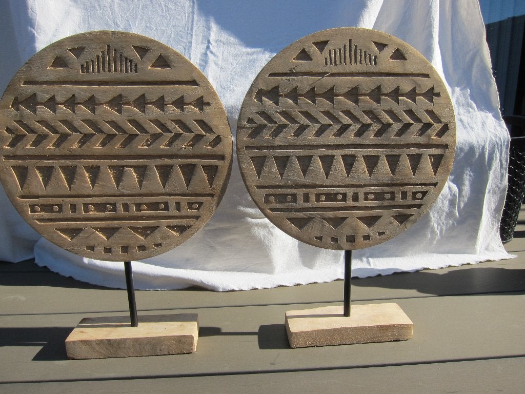 2 Houten ornamenten - decoratieve schijven op standaard, Huis en Inrichting, Hout, Beige, Overige stijlen, Ophalen of Verzenden