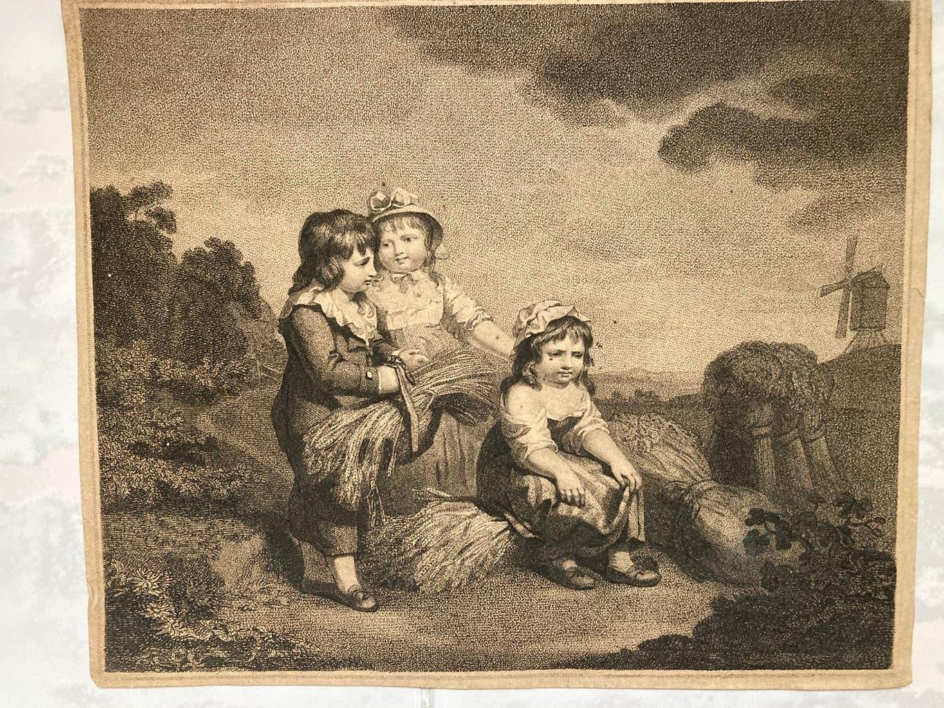 Or. antieke gravure: 3 kinderen op het platteland, 24x20cm., Antiek en Kunst, Portret, Ophalen of Verzenden, 24 cm, 20 cm