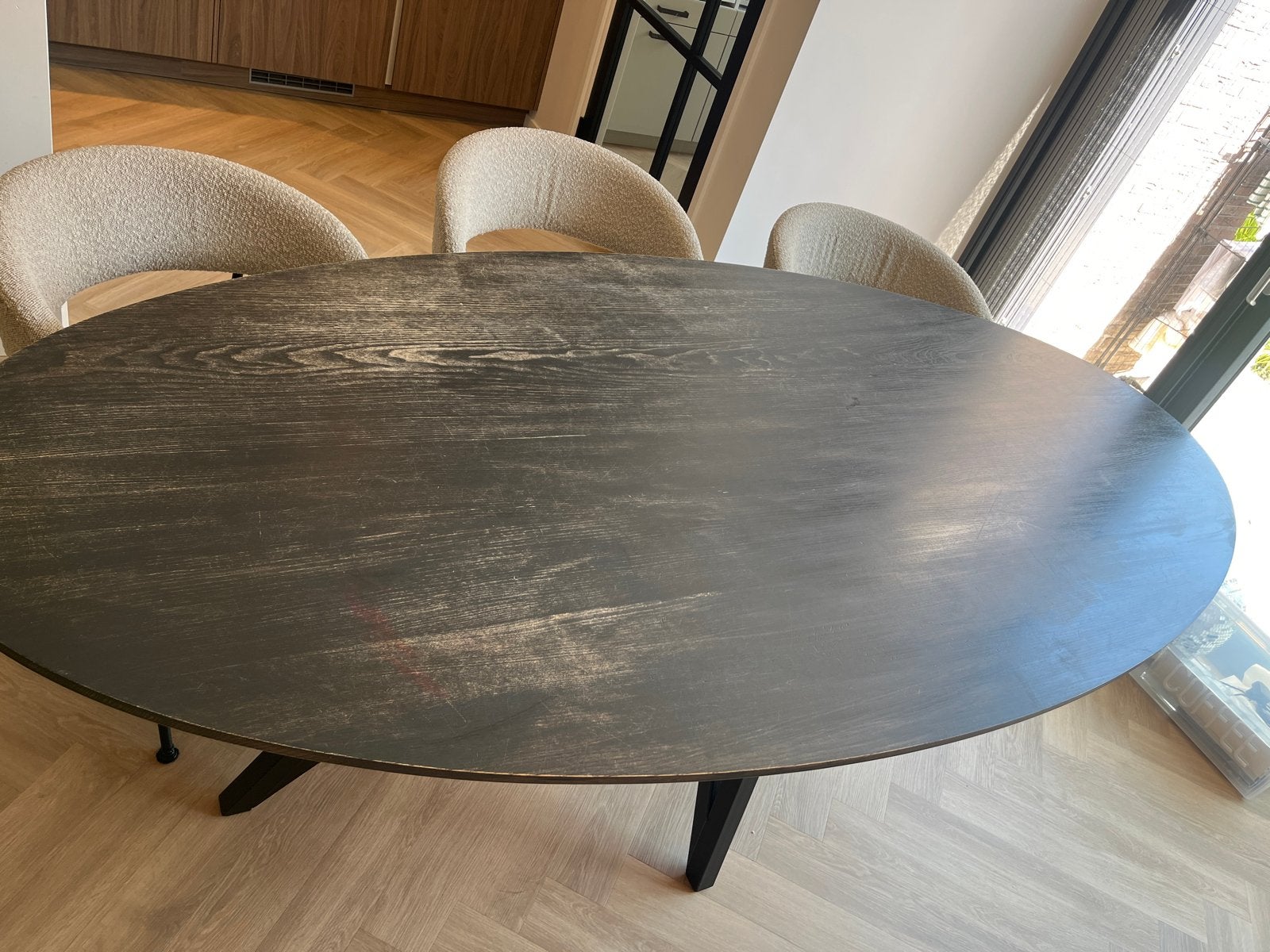 Ovale eettafel van essen met 3 stoelen van Zitmaxx, Ophalen, Gebruikt, 100 tot 150 cm, 200 cm of meer