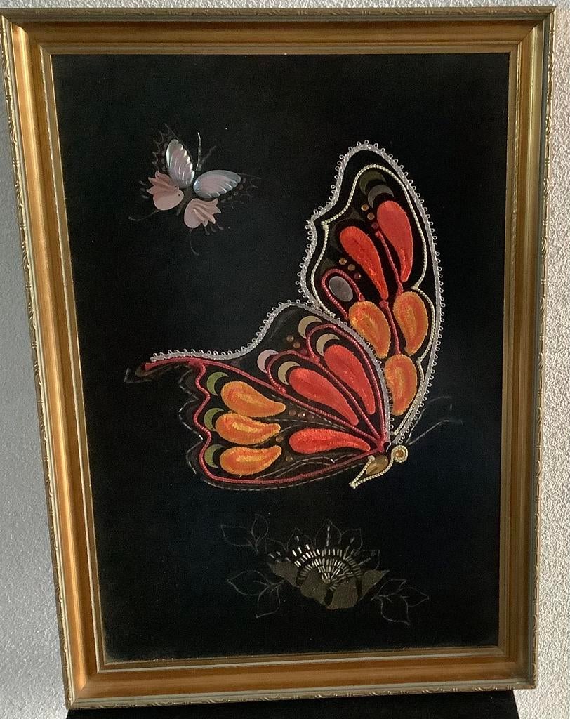 Jaren 60/70 borduurwerk: oranje vlinder schilderij, Antiek en Kunst, Ophalen of Verzenden
