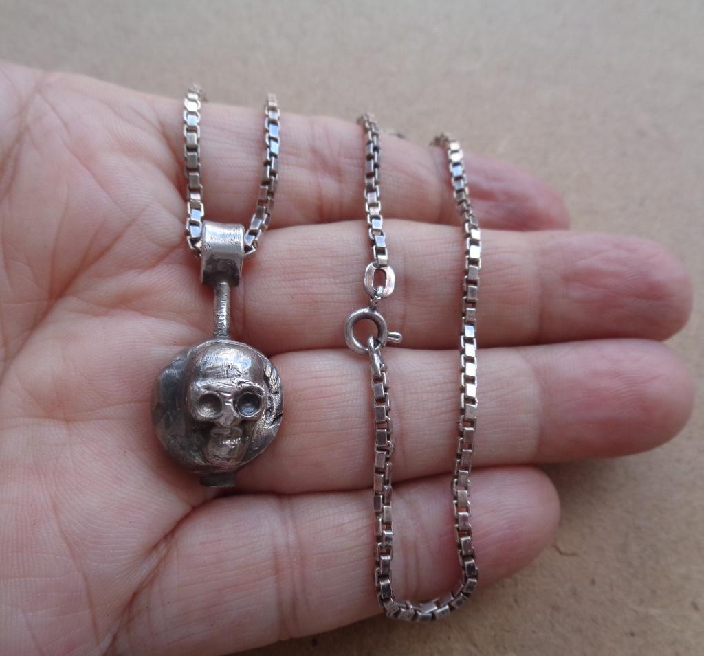 zilveren ketting met schedel hanger [581], Met hanger, Verzenden, Zo goed als nieuw, Zilver