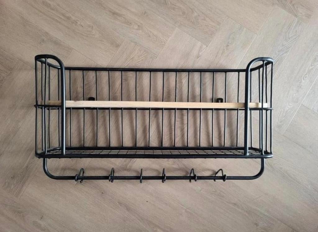 Bakkersrek / Wandrek met haken - Zwart metaal en hout, Ophalen, Zo goed als nieuw