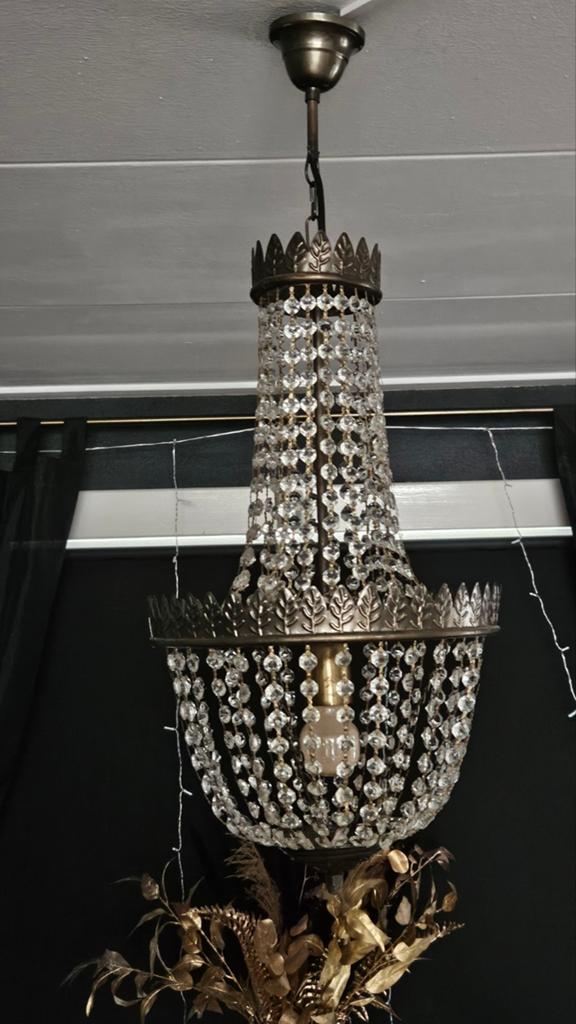 Zakkroonluchter brons kristal, Huis en Inrichting, Lampen | Kroonluchters, Ophalen, Gebruikt, Glas, Landelijk