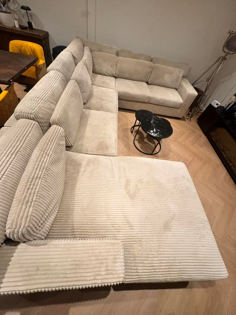Grote beige ribstof hoekbank - ribcord lounge bankstel, Huis en Inrichting, 100 tot 125 cm, Hoekbank, 300 cm of meer, Ophalen of Verzenden