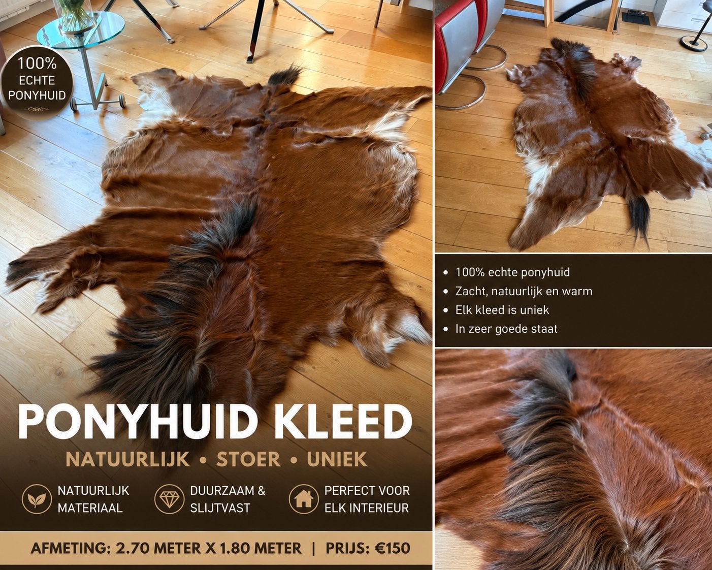 Exclusief echt ponyhuid kleed – 270 x 180 cm, Ophalen, Gebruikt, Bruin, 150 tot 200 cm