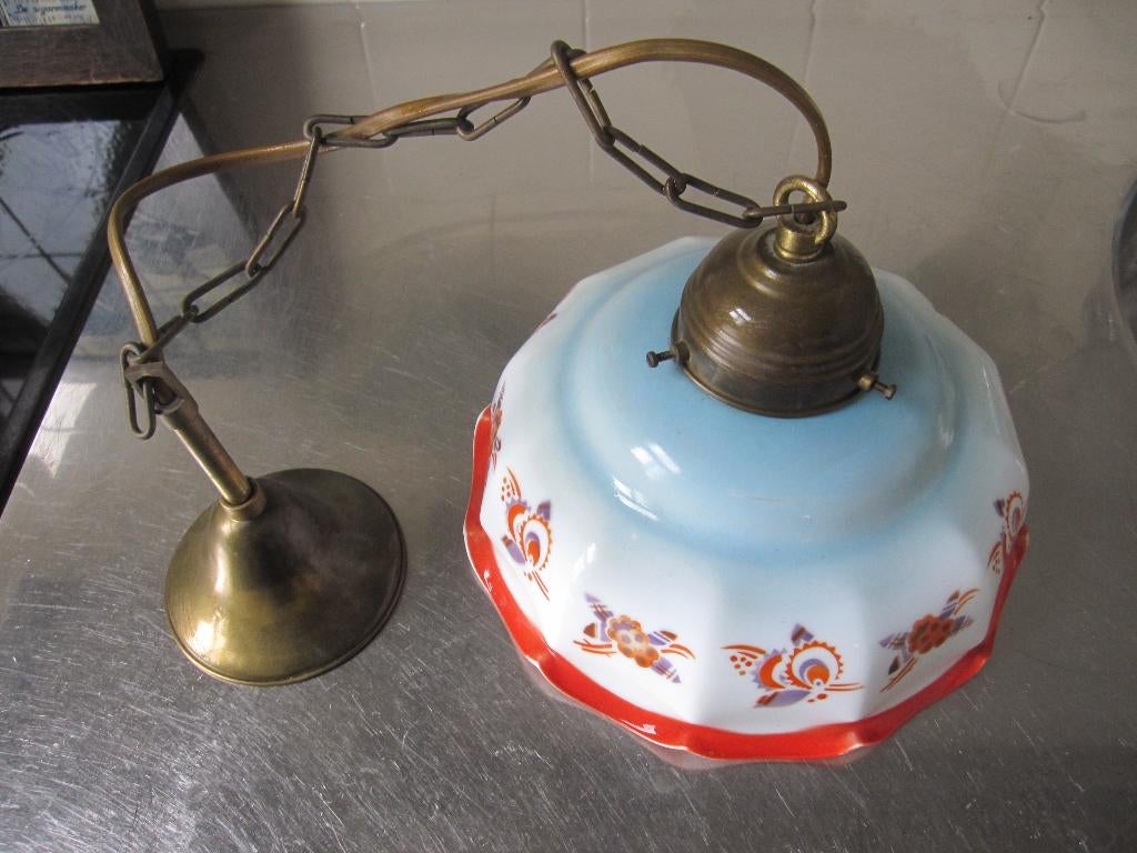 Prachtige opaline hanglamp, fris oranje/paars/turquoise, Ophalen, Zo goed als nieuw, Glas, Minder dan 50 cm