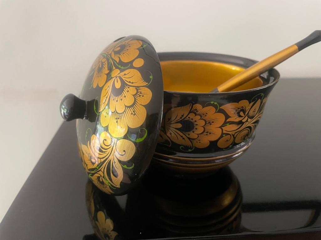 Vintage Russische Khokhloma pot/schaalmet Lepel, Antiek en Kunst, Ophalen of Verzenden