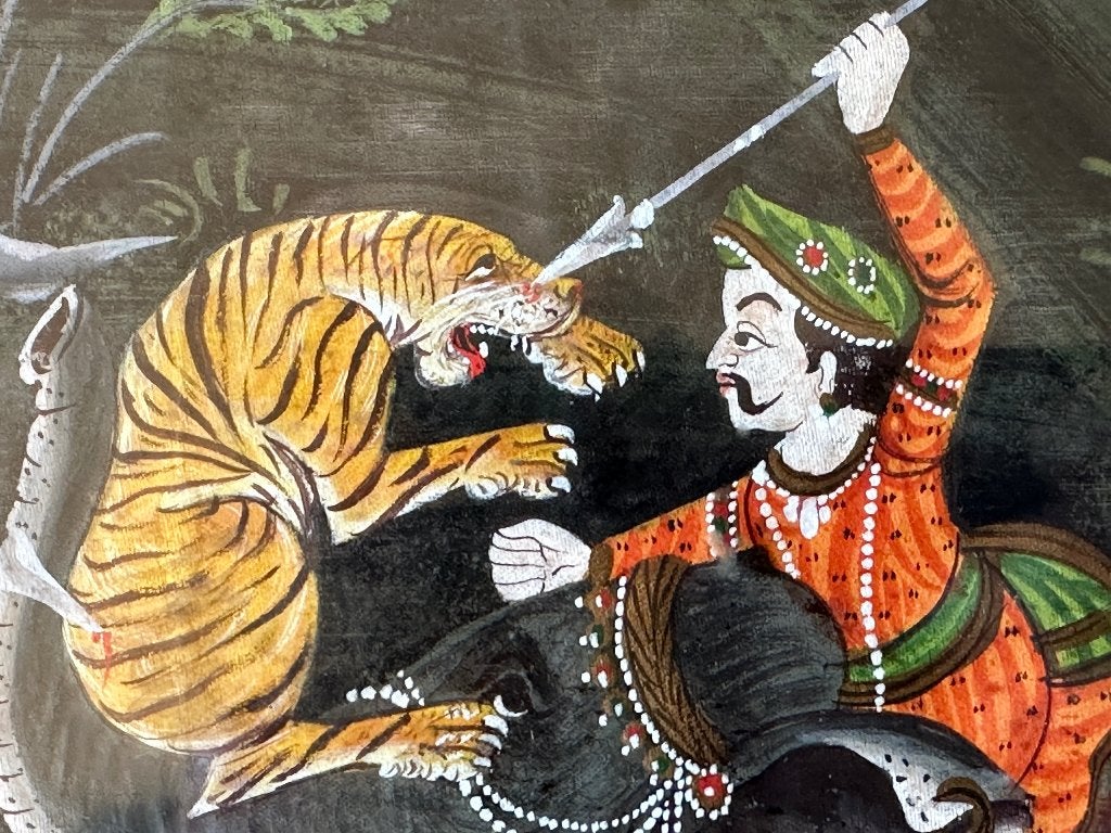 Antieke Indiase Rajasthani tijgerjacht schildering, Ophalen, India, Geschilderd, 50 cm