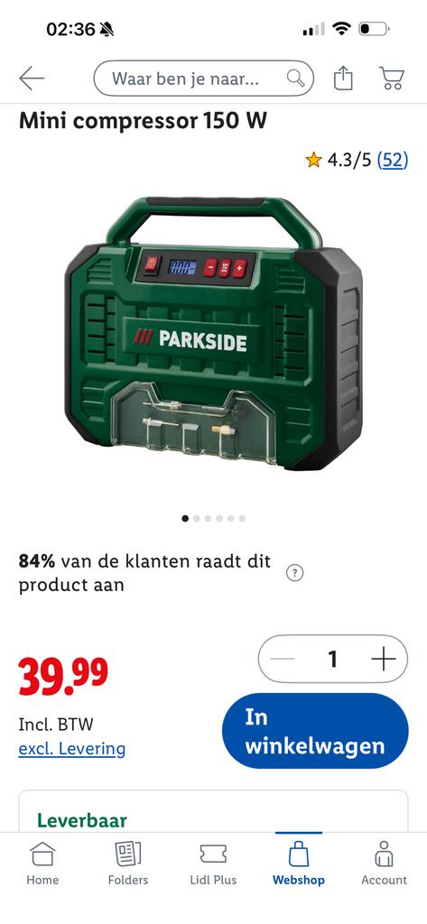 ⸻   Parkside Mini Compressor 150W – NIEUW (ongeopend!, Ophalen, Zo goed als nieuw