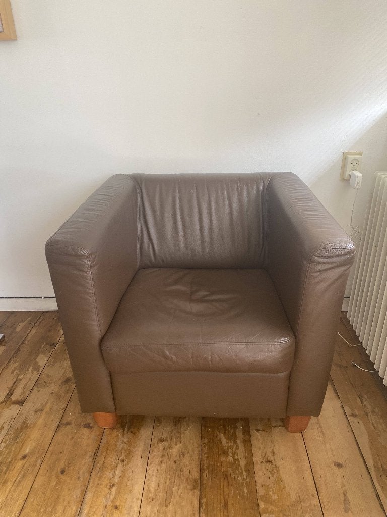 Bruine leren fauteuil - Jaren '90 - Goede staat, Huis en Inrichting, Leer, Gebruikt, 75 tot 100 cm, Ophalen of Verzenden