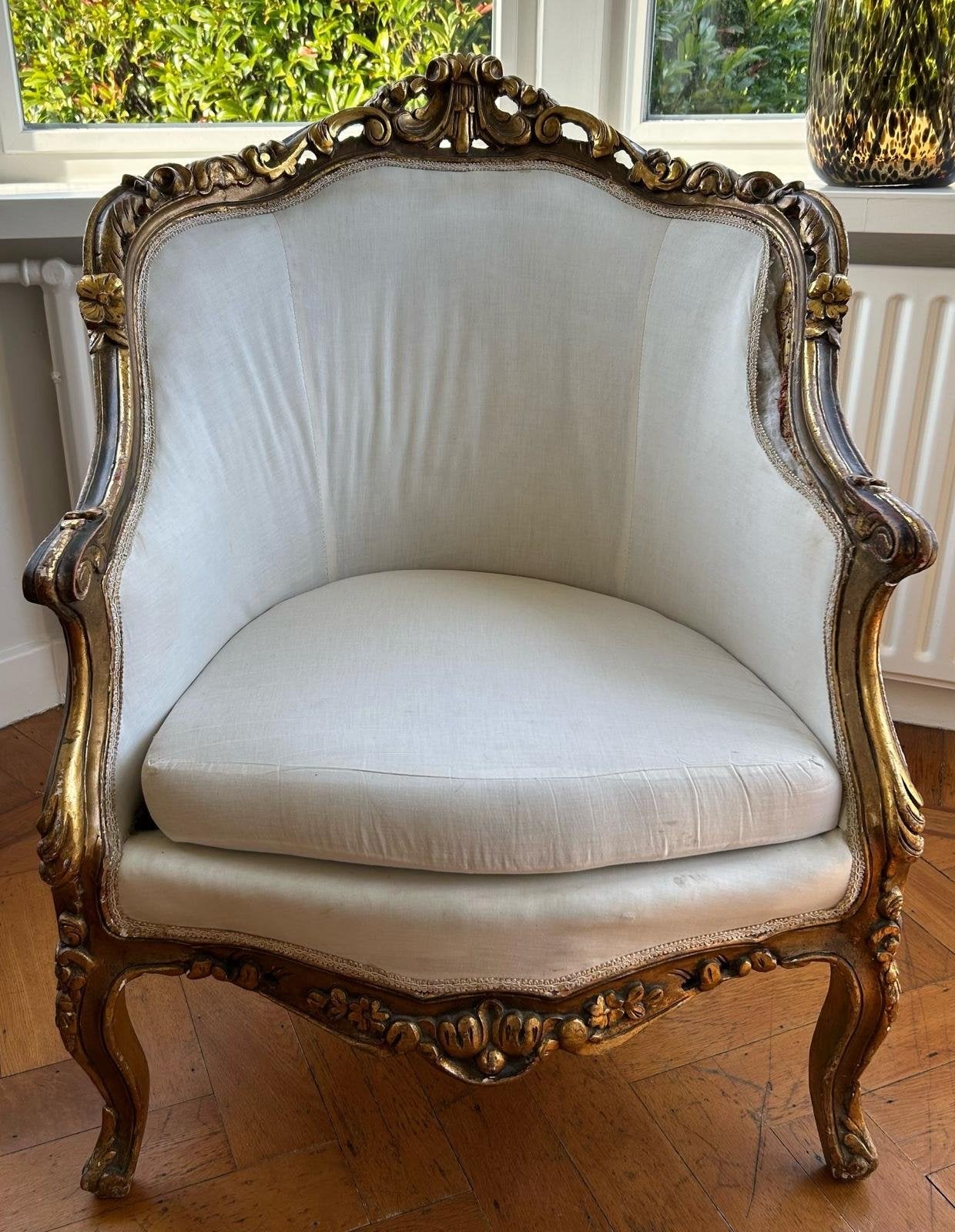 Antieke fauteuil in Lodewijk XV-stijl, verguld hout, Ophalen