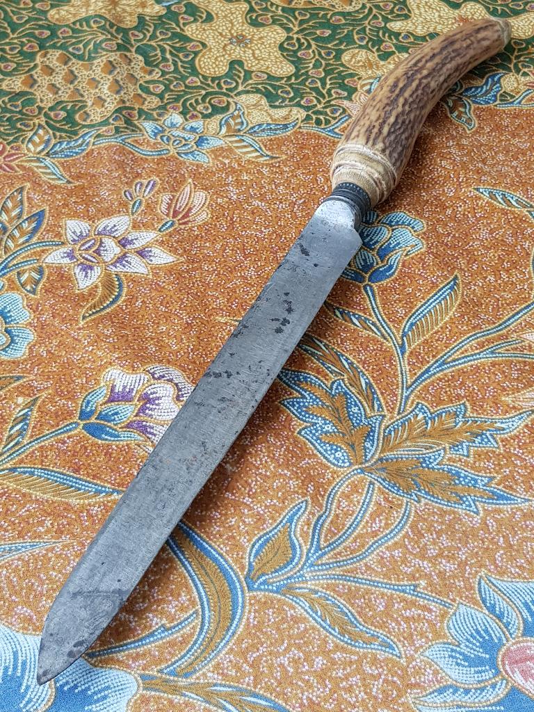 Mooi antiek vleesmes uit Engeland met gewei en zilver 40 cm., Ophalen of Verzenden