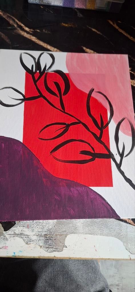 Abstracte kunst: Rood, paars en zwart bladmotief, Antiek en Kunst, Ophalen