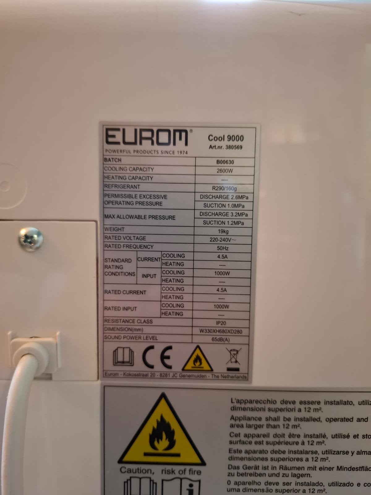 9000 BTU eurom cool 9000 mobiele airco, Ophalen, Minder dan 60 m³, 3 snelheden of meer, Zo goed als nieuw