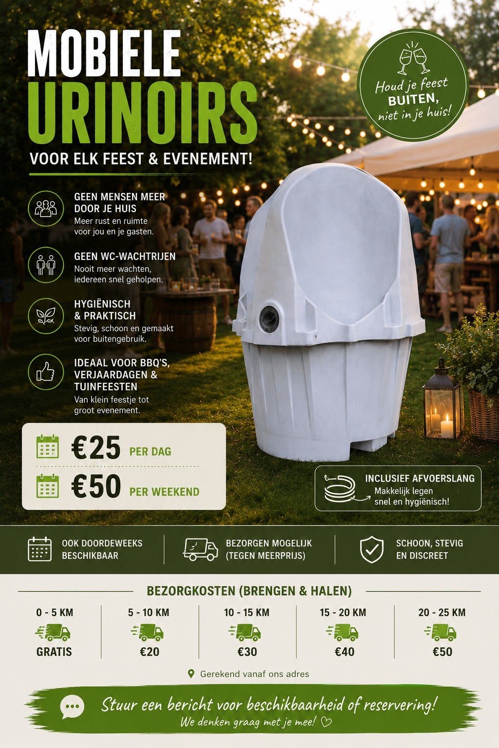 Mobiele urinoir(s) huren (feest, BBQ, evenement) – €25 p.d, Hobby en Vrije tijd, Ophalen, Zo goed als nieuw, Abraham of Sarah