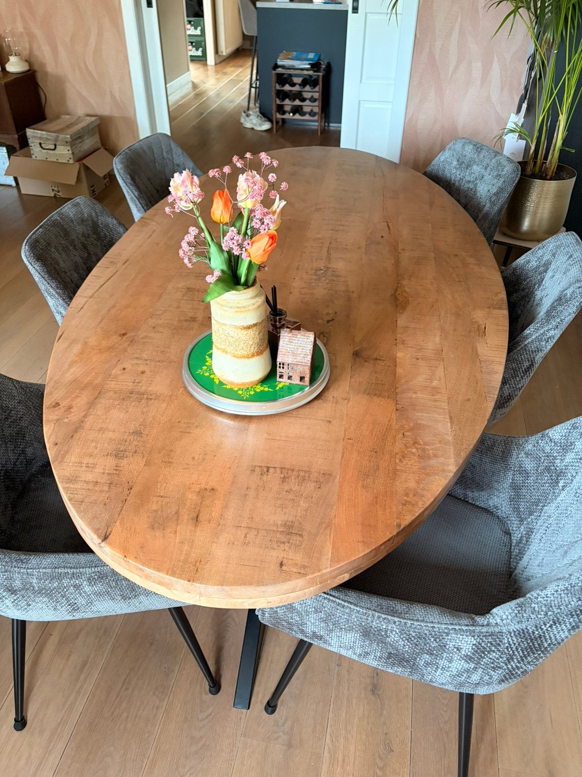 Ovale mangohouten tafelblad exclusief poot, Huis en Inrichting, Tafels | Eettafels, Ophalen, 100 tot 150 cm, 200 cm of meer, Zo goed als nieuw