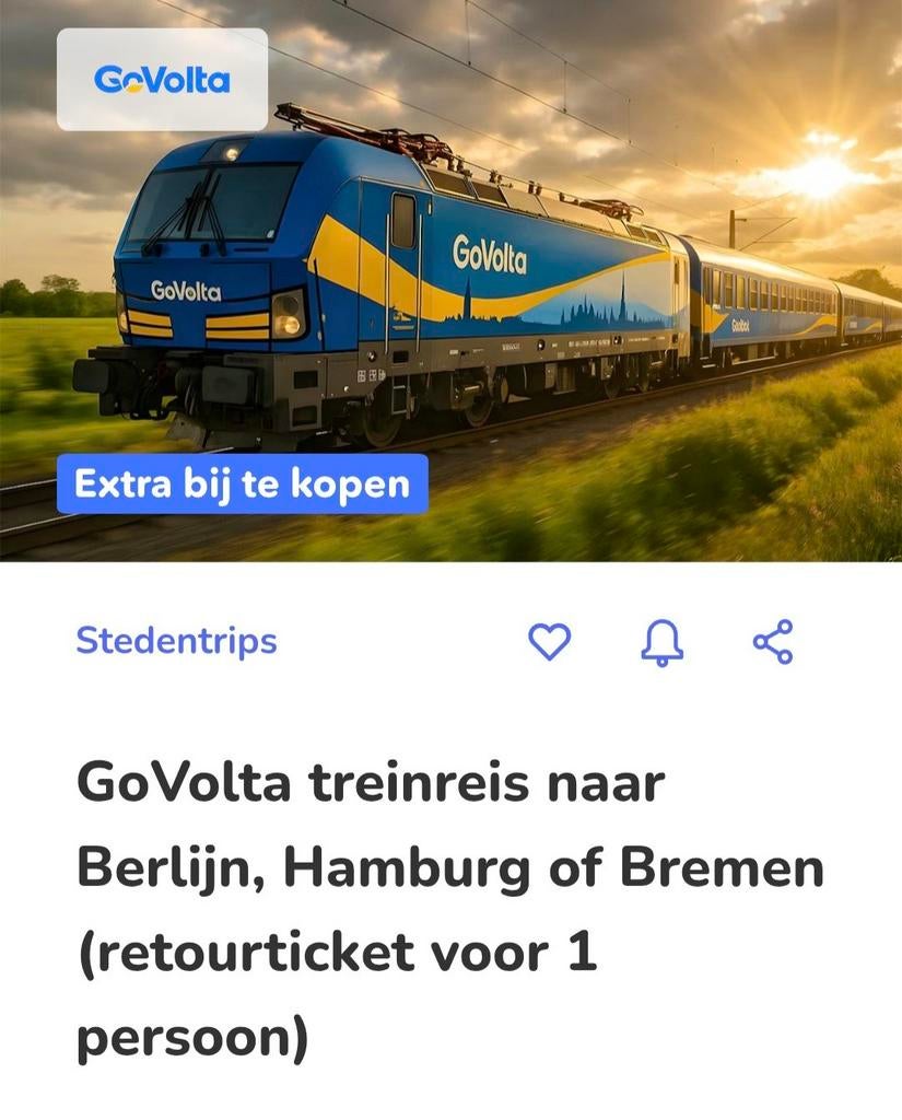 Treinticket GoVolta retour Berlijn, Hamburg, Dusseldorf., Tickets en Kaartjes, Eén persoon, Trein, Met bestemming of datum
