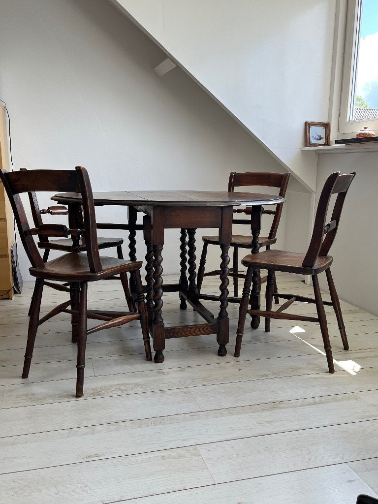Antieke eiken stoelen, Huis en Inrichting, Stoelen, Gebruikt, Bruin, Vier, Hout
