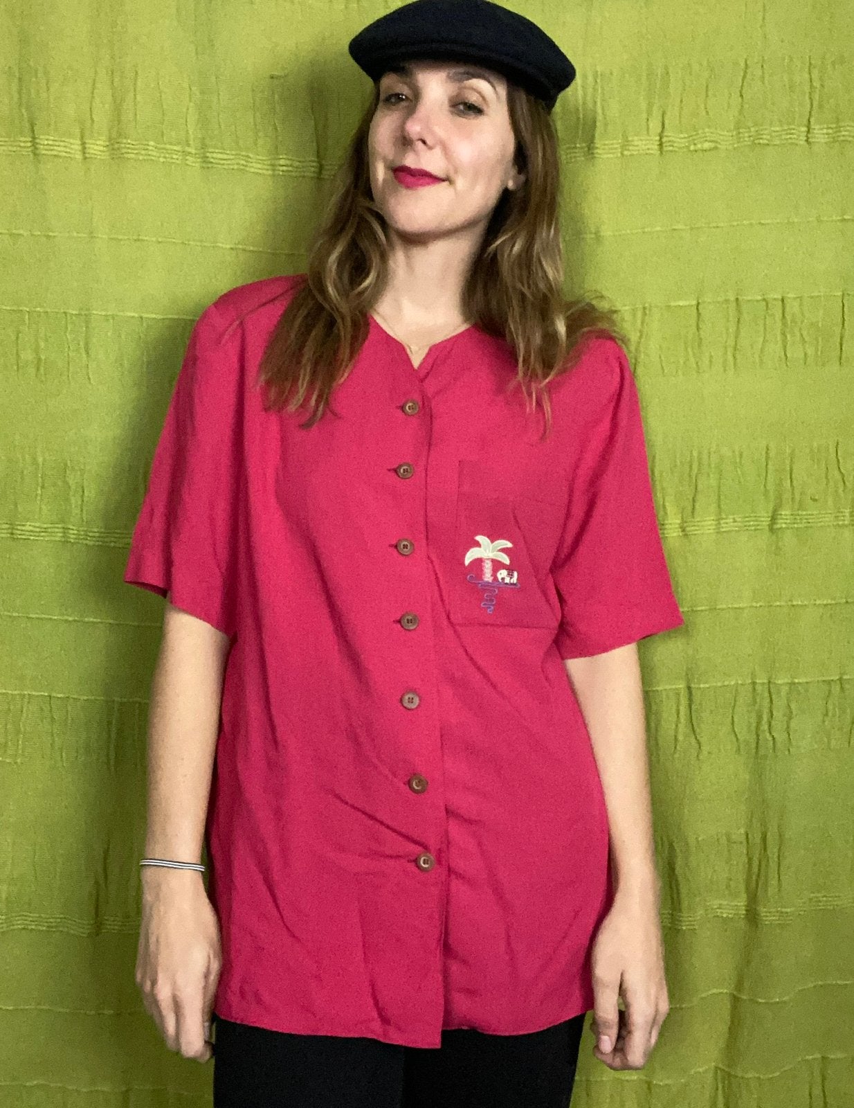Vintage blouse - Jaren 90 - palmboom- 38/M/medium, Maat 38/40 (M), Hgv, Hgv, Ophalen of Verzenden
