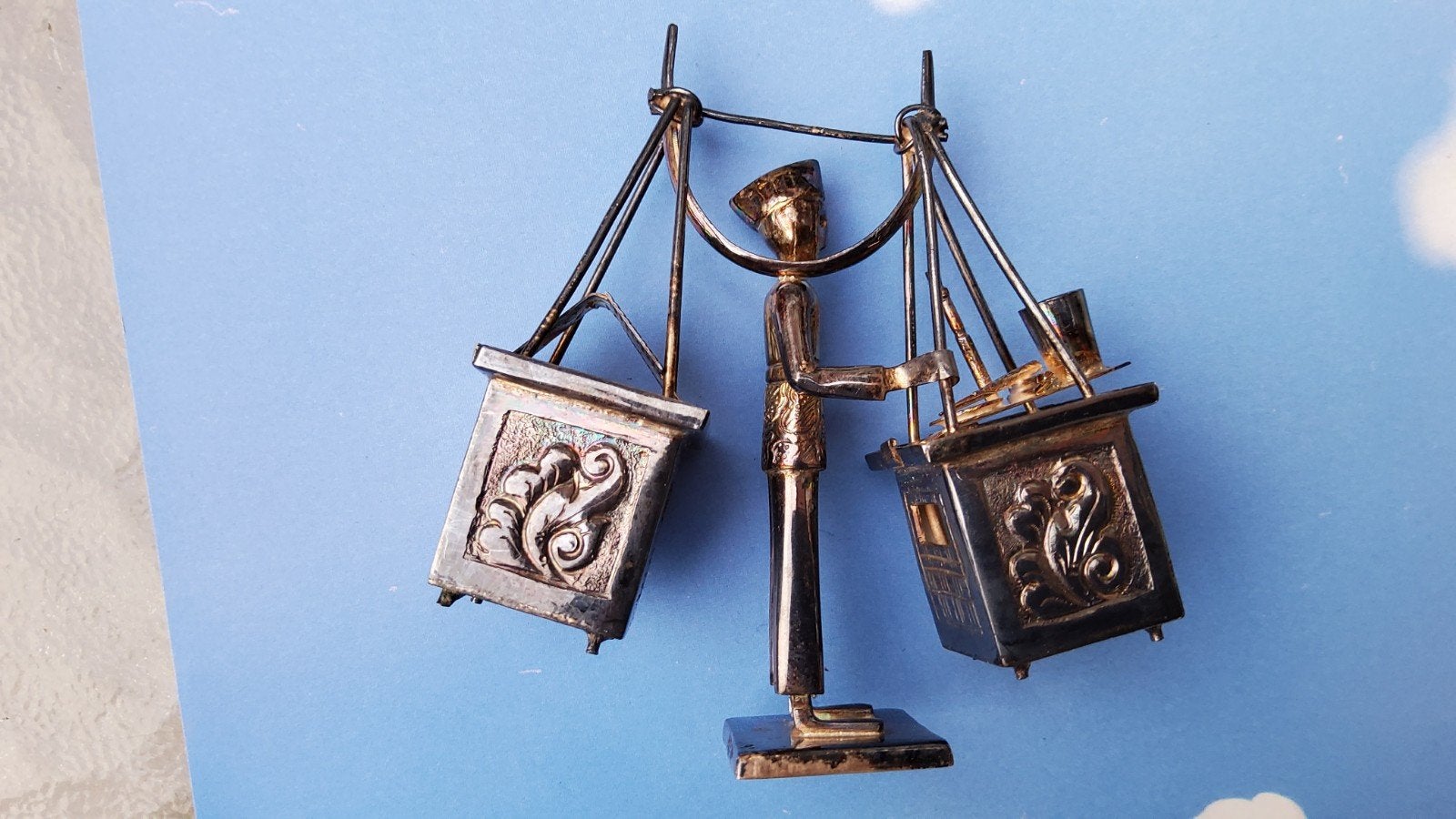Antiek Oosters zilveren Sculptuur Drager met Manden 925, Ophalen of Verzenden, Zilver