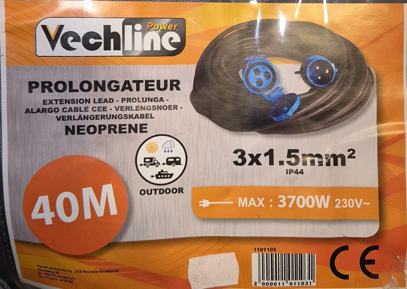 Vechline Verlengsnoer Neopreen 40M - Outdoor CEE, Ophalen, Zo goed als nieuw