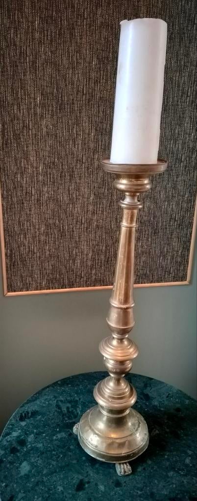 antieke kandelaar met leeuwen pootjes brons/koper 58 cm, Antiek en Kunst, Ophalen, Koper of Brons