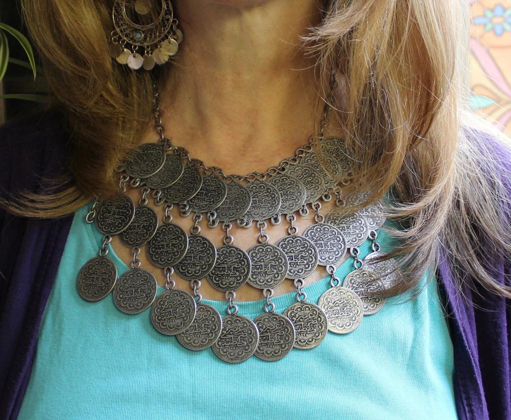 Bohemian hippie chic Halssnoer DONKER ZILVER grote munten, Overige materialen, Verstelbaar, Nieuw, Ophalen of Verzenden