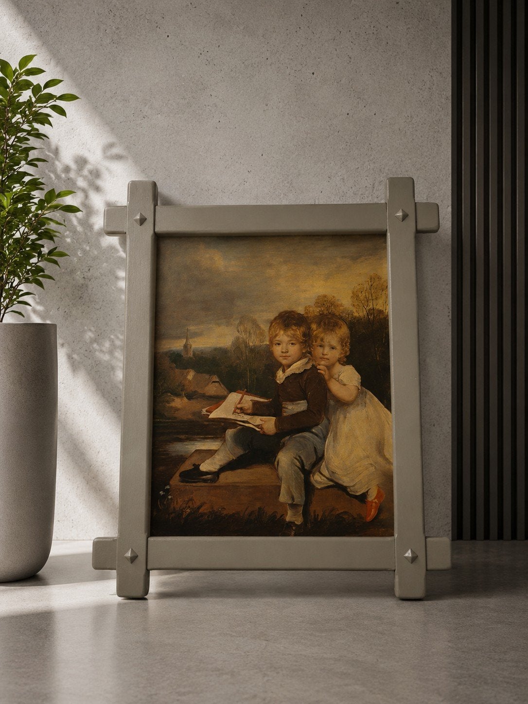 Klassiek schilderij van twee kinderen in landschap, Handgeschilderd, Doek, Portret of Personen, Ophalen of Verzenden