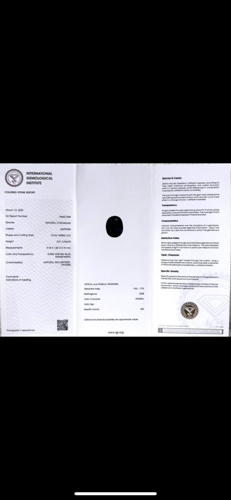 Prachtig Natuurlijke Saffier 2.91 Karaat Met IGI Certificaat, Ophalen of Verzenden, Zo goed als nieuw