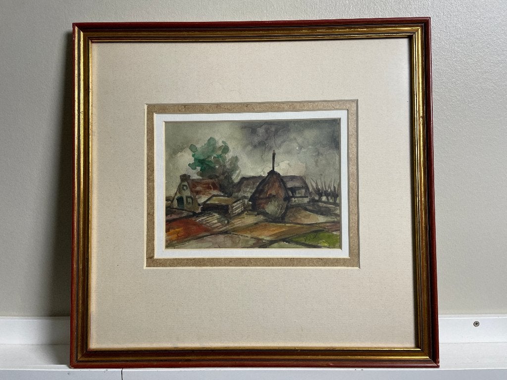 Dook Everse (1930-2005) Aquarel Boerderij en Hooiberg, Doek, Expressionistisch, Ophalen of Verzenden, Landschap