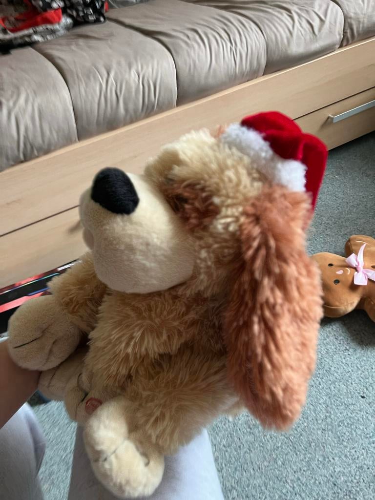 Schattige knuffelhond met kerstmuts, Overige merken, Overige karakters, Zo goed als nieuw, Middelgroot (20 tot 80 cm)
