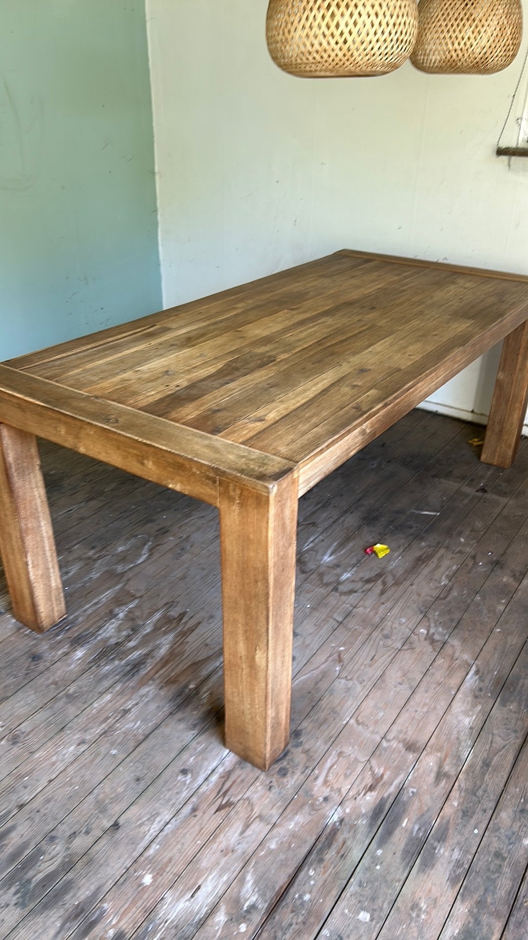 Acacia massief houten eettafel, Ophalen, Gebruikt, 200 cm of meer, 50 tot 100 cm