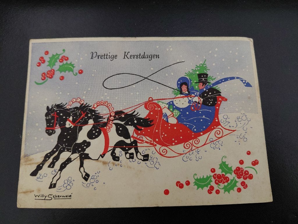 Willy Schermelé, Slee, paarden in de sneeuw, gelopen, j. '40, Verzenden, 1940 tot 1960, Gelopen
