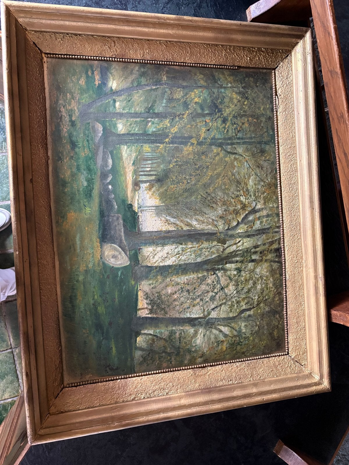 Olieverfschilderij: Boslandschap met bomen en pad, Antiek en Kunst, Ophalen, Doek, Realistisch, Landschap