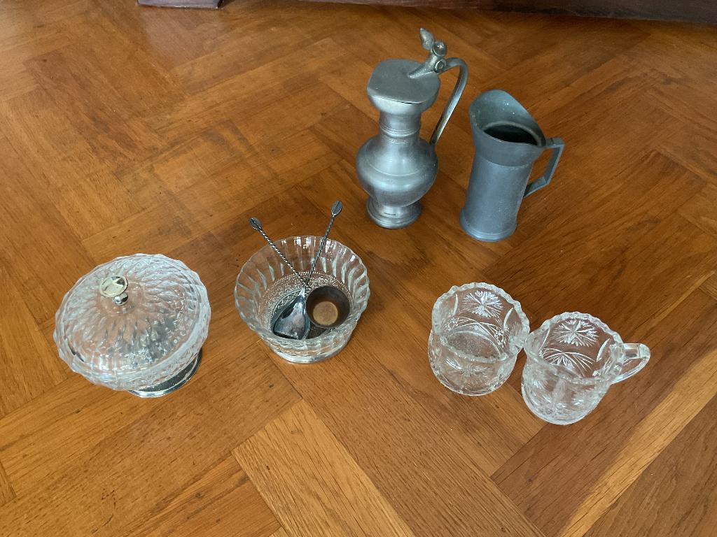Tinnen kannetjes - glazen schaaltjes en roomstel vintage, Ophalen of Verzenden