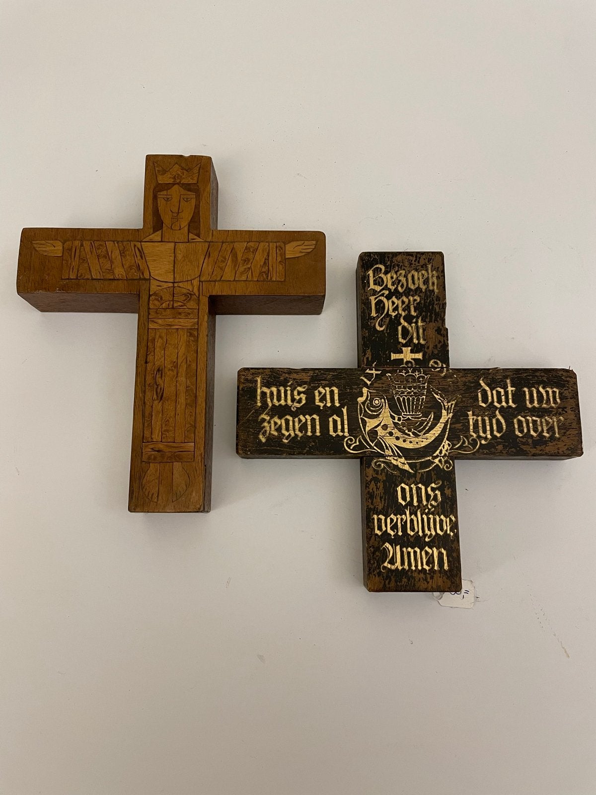 Houten kruizen met teksten en figuren, Antiek en Kunst, Antiek | Religie, Ophalen of Verzenden
