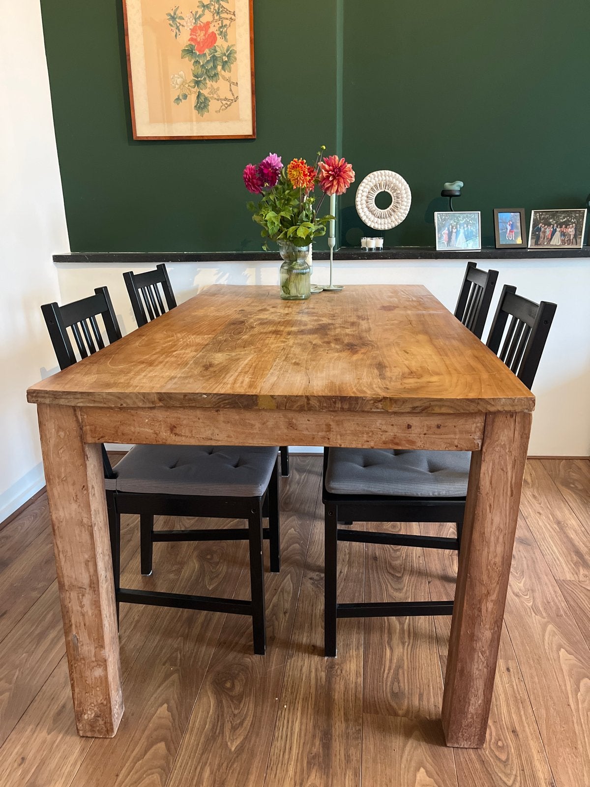 Houten eettafel met 6 stoelen, Ophalen, Gebruikt, 50 tot 100 cm, Vijf personen of meer