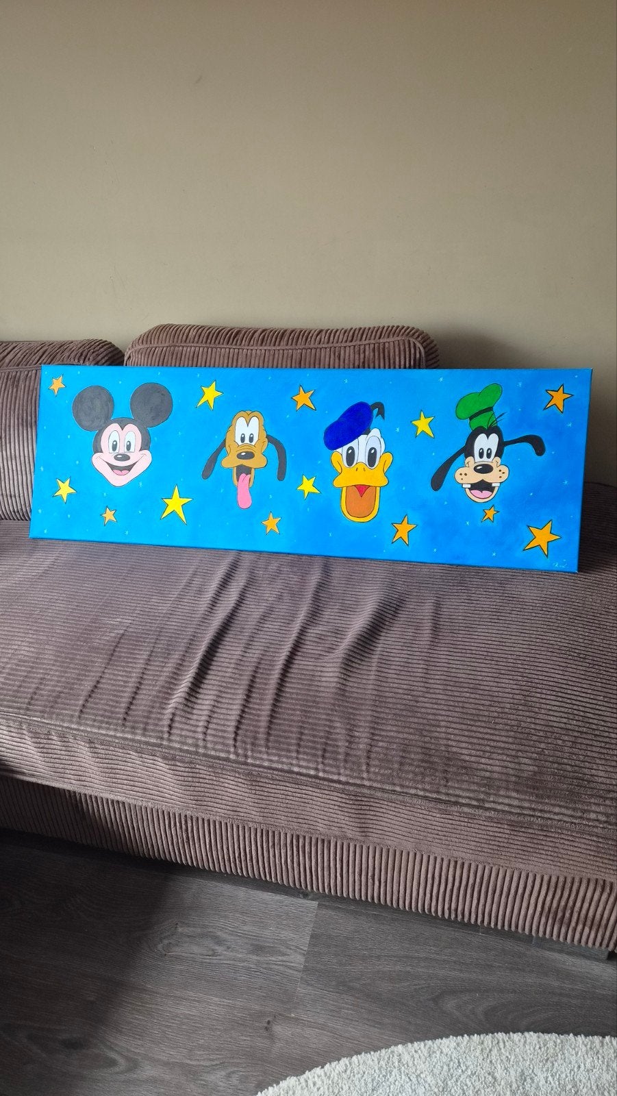 Schilderij Disney figuren: Mickey, Pluto, Donald, Goofy, Ophalen, Acrylverf, Op houten frame, Stripfiguren/cartoons